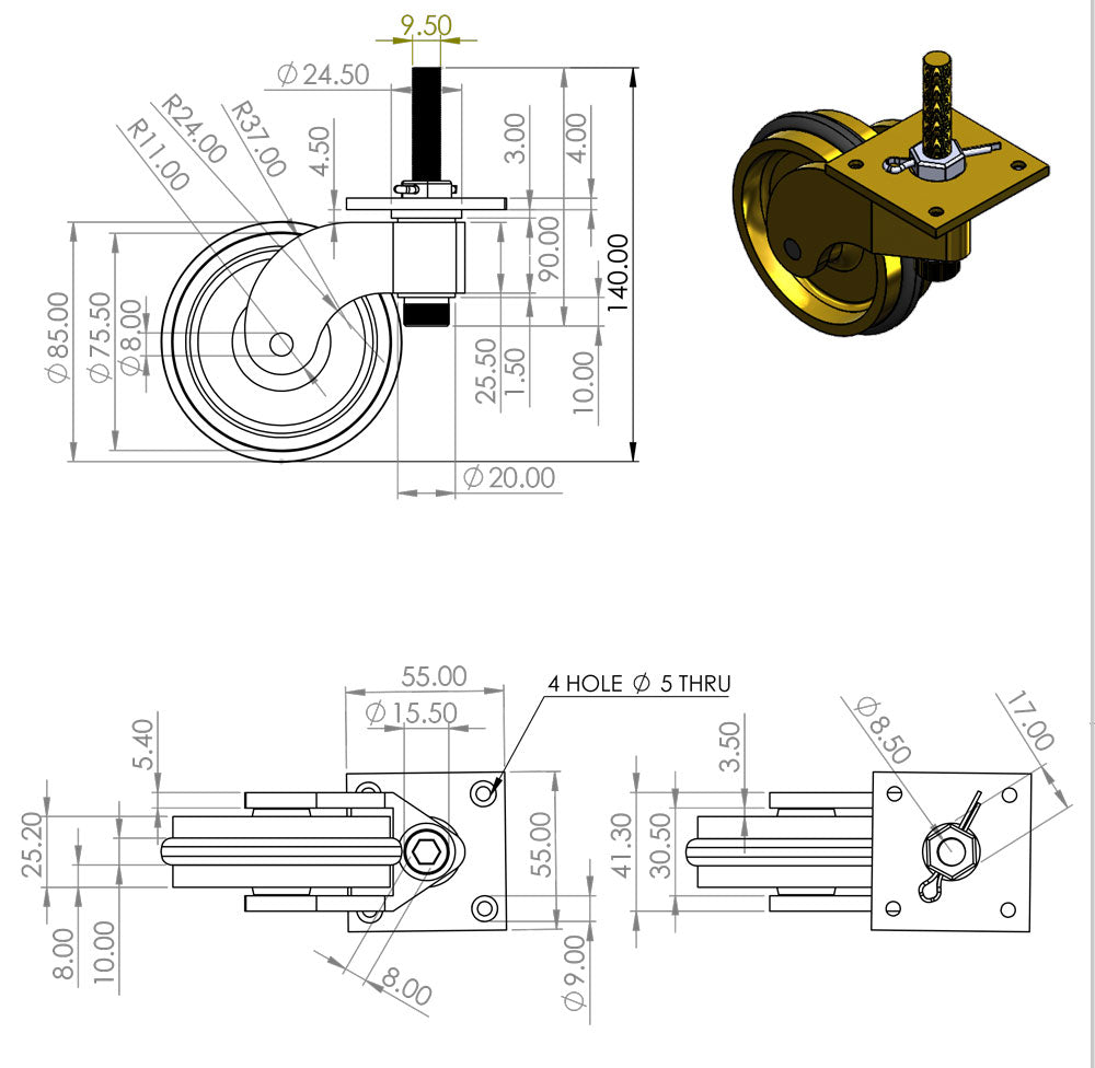 Heavy Duty Extra Large Brass Castor